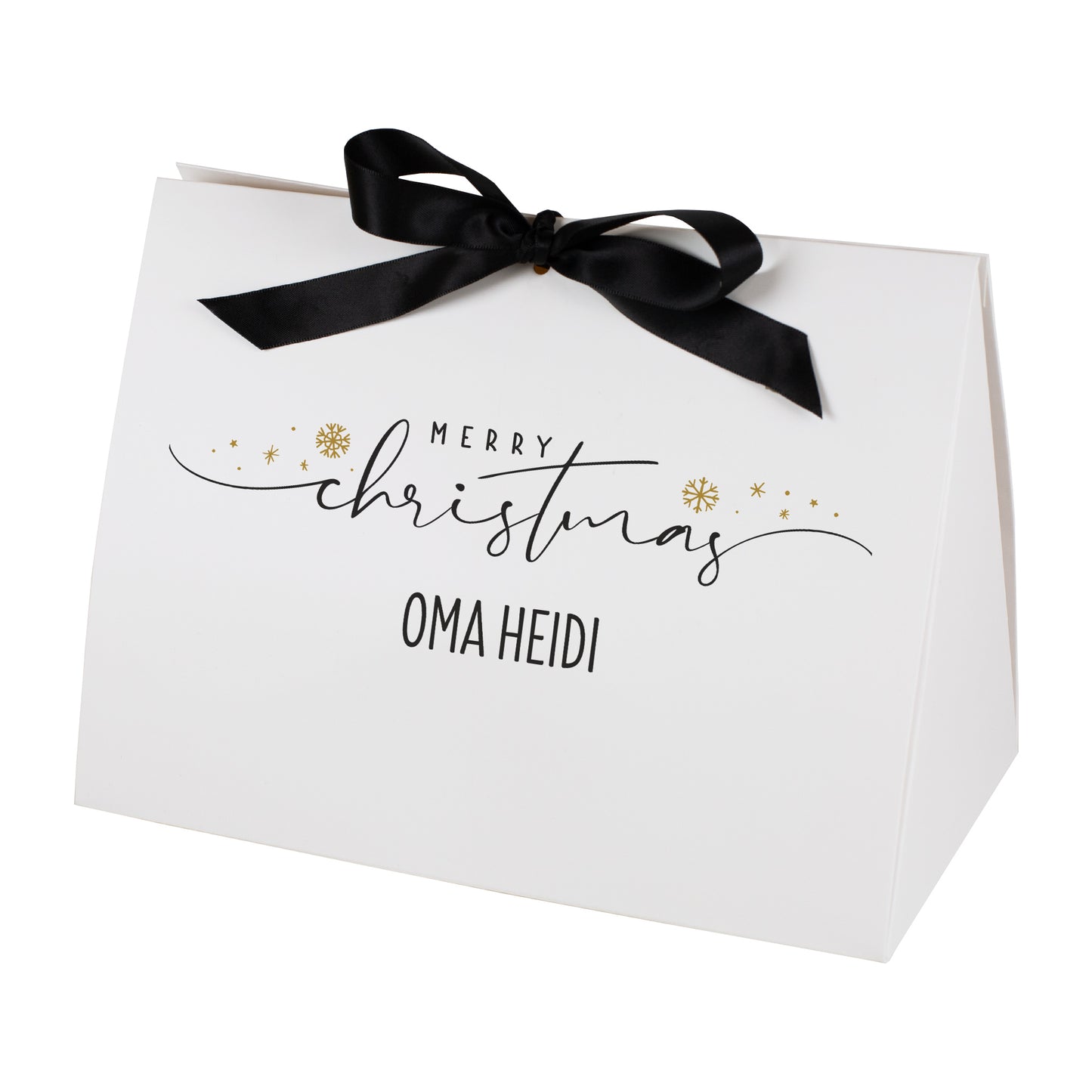 Große weiße Geschenktasche mit personalisiertem Merry Christmas Druck und Satinband