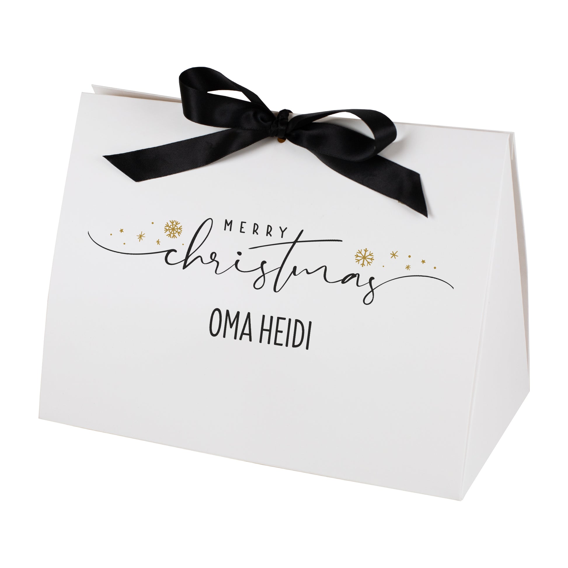 Große weiße Geschenktasche mit personalisiertem Merry Christmas Druck und Satinband