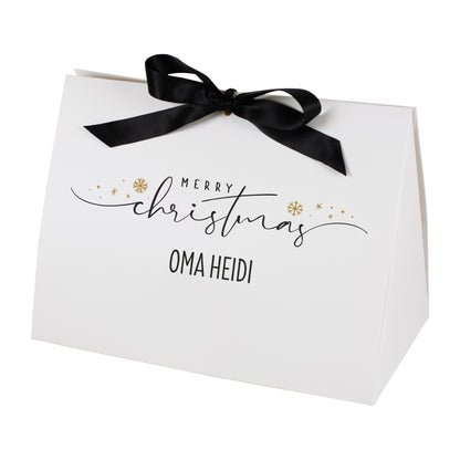 Große weiße Geschenktasche mit personalisiertem Merry Christmas Druck und Satinband