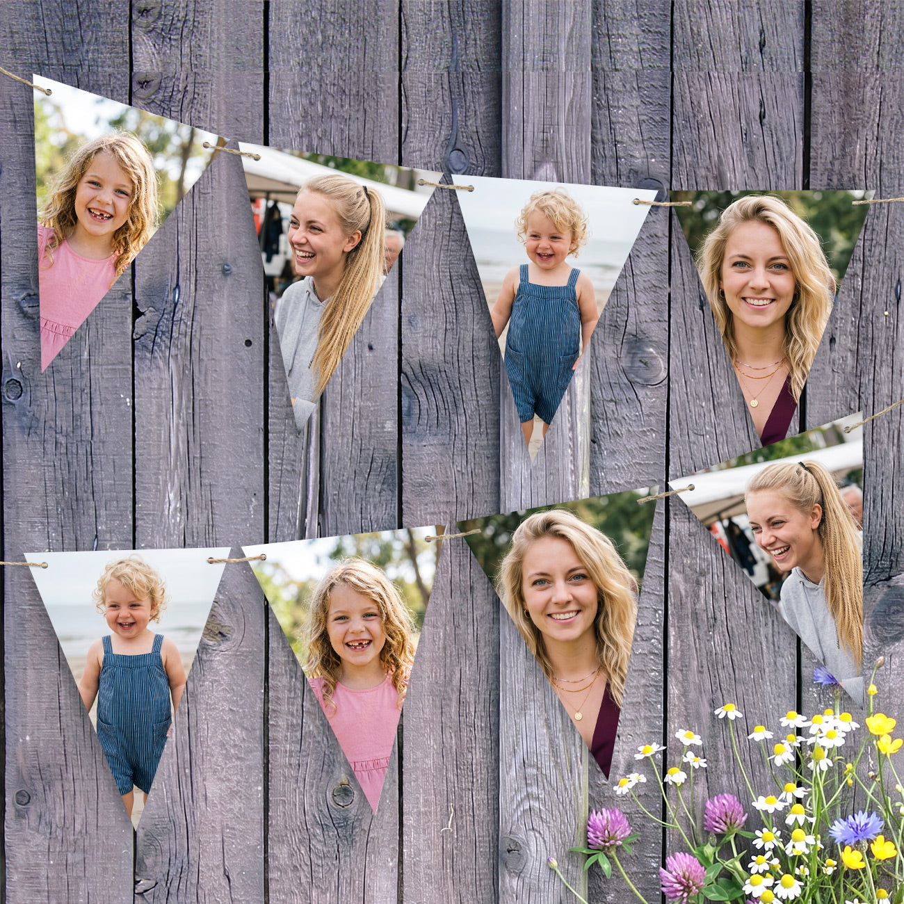 Fotogirlande mit 4 Wunschfotos und 20 Wimpeln inklusive 10 Meter Schnurr