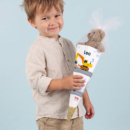 Kleine Geschwistertüte mit Baggermotiv und Name bedruckt