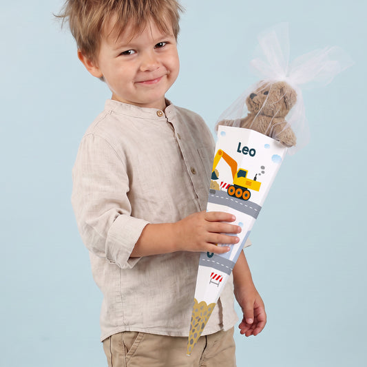 Kleine Geschwistertüte mit Baggermotiv und Name bedruckt