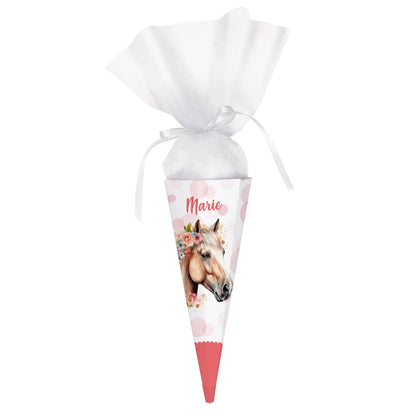 Geschwister Zuckertüte mit Pferd, Blumen, Punkten und Name, 28 cm