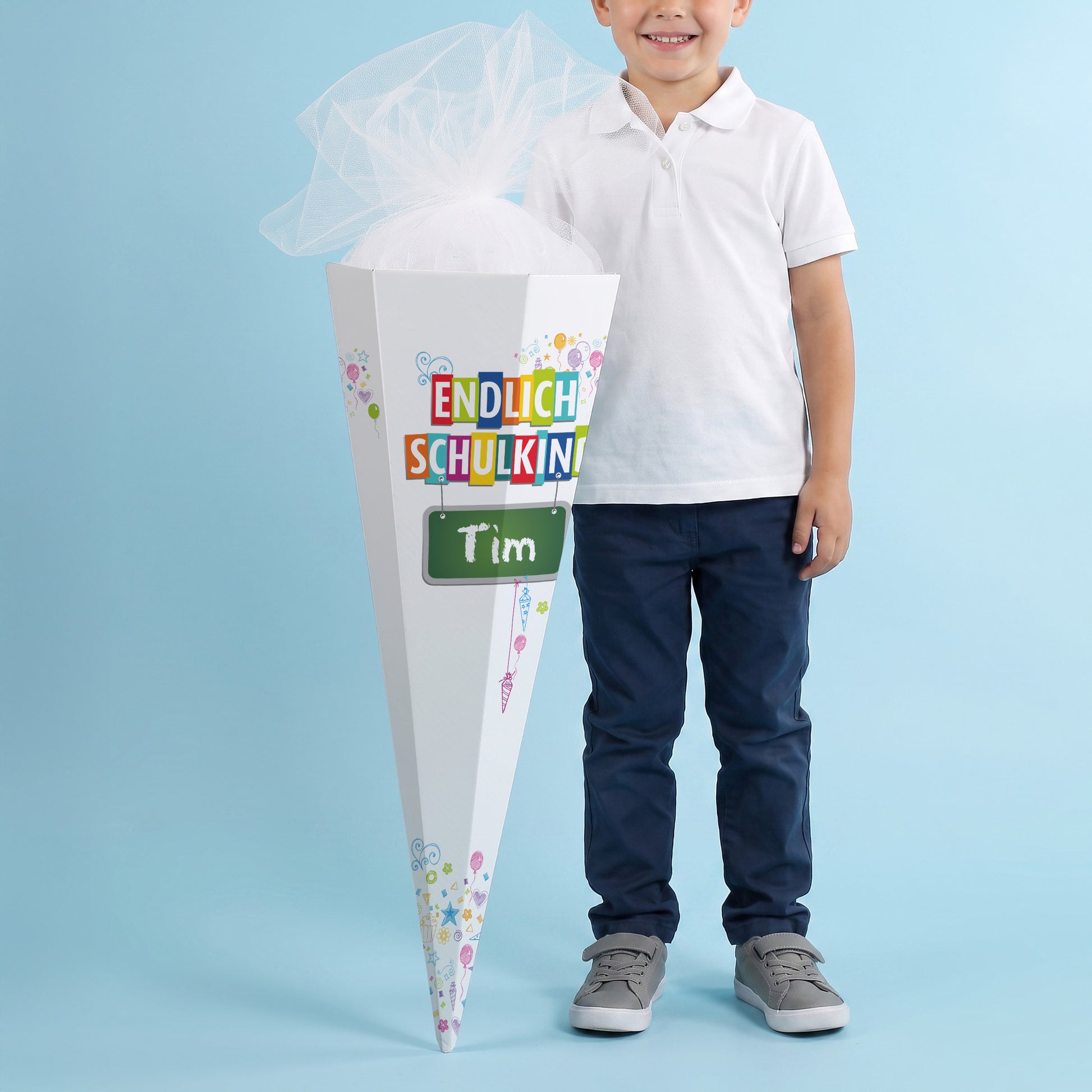 Große Schultüte mit Name und Endlich Schulkind Motiv