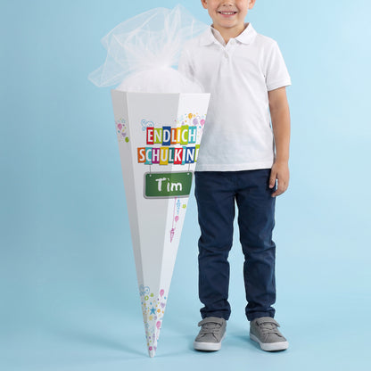Große Schultüte mit Name und Endlich Schulkind Motiv