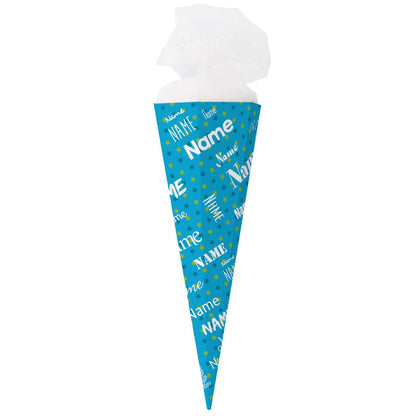 Blaue Schultüte für Jungen mit Name in verschiedenen Schriftarten