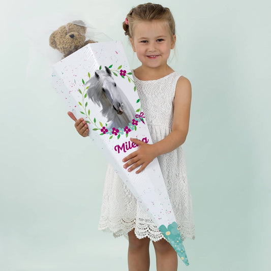 Pferde-Schultüte für Mädchen mit Blumen, Blättern und Name