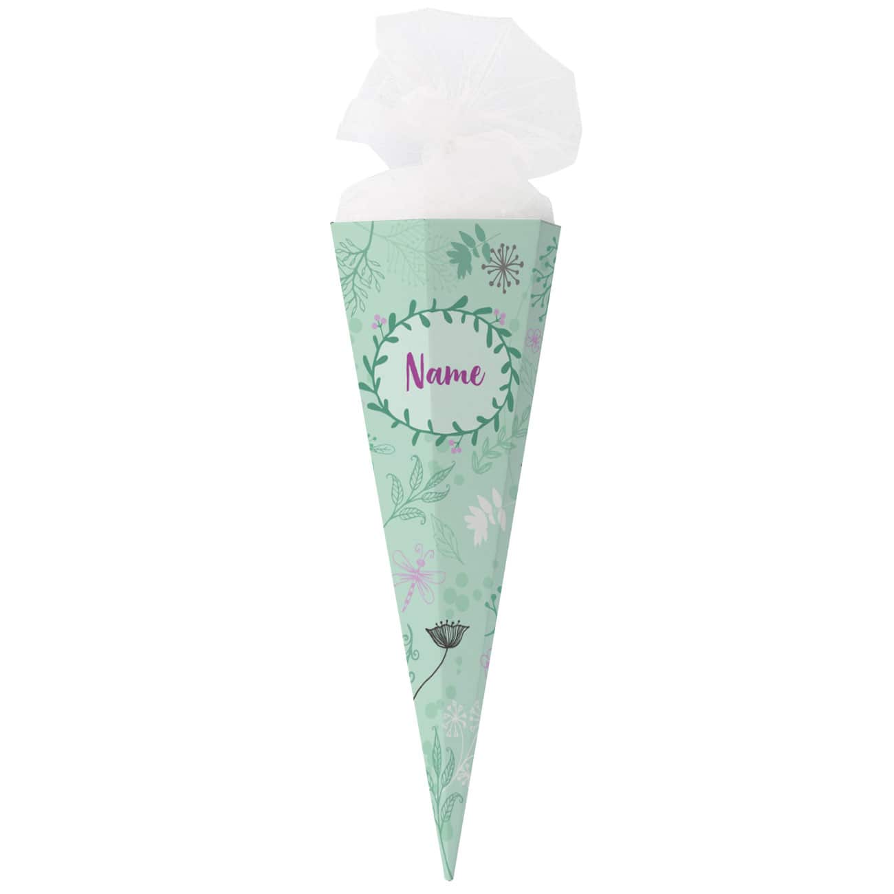 Zuckertüte mit floralem Muster, Libelle und Name
