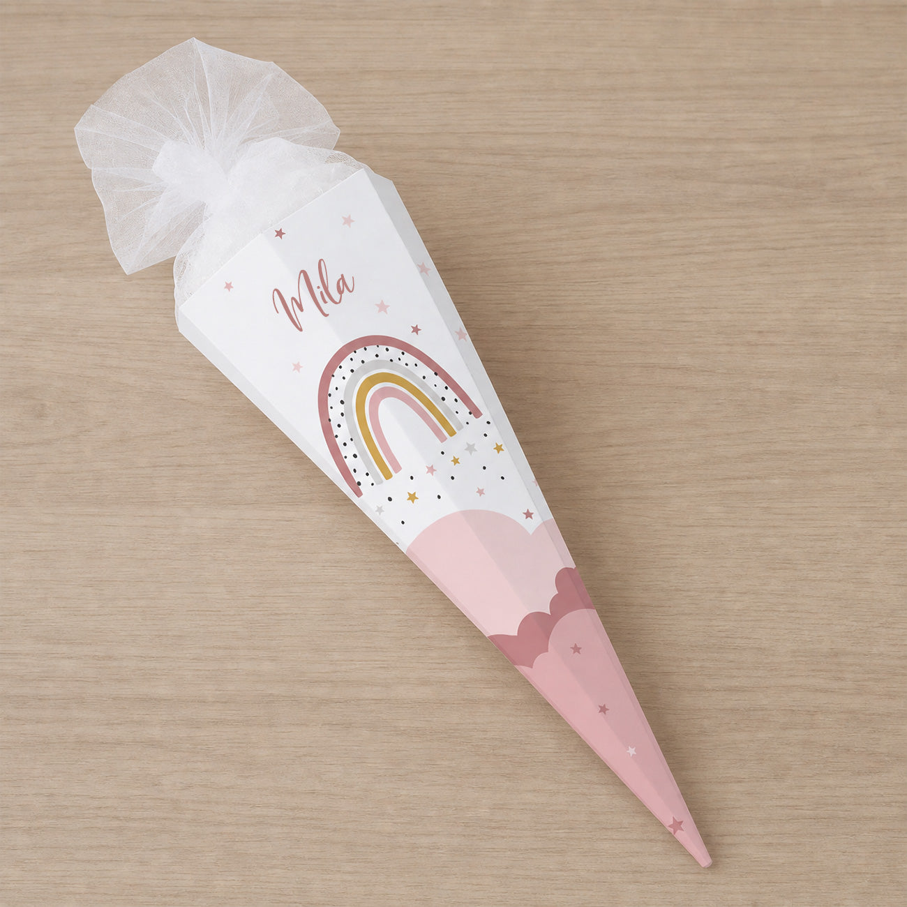 Regenbogen Schultüte in Rosa mit Wunschname und Sterne