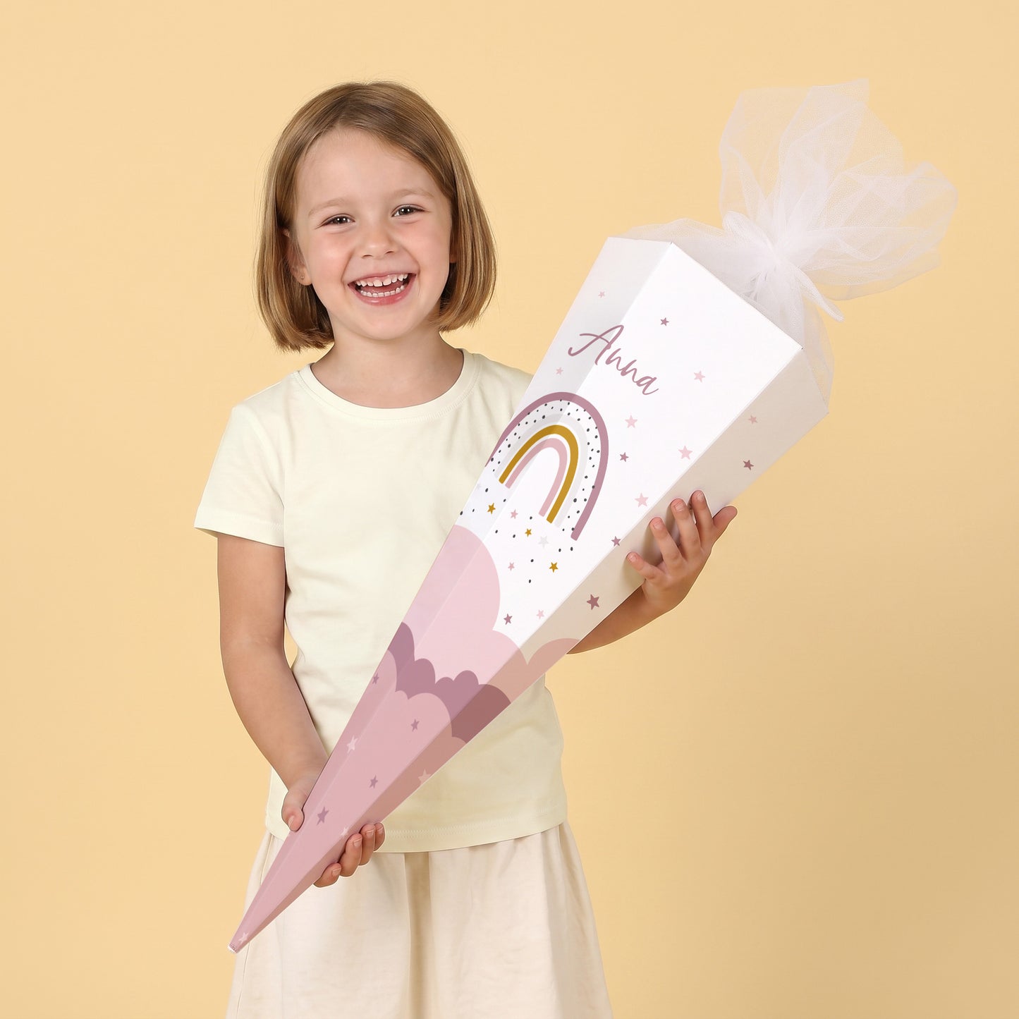Zuckertüte mit Regenbogenmotiv Rosa und mit Name bedruckt