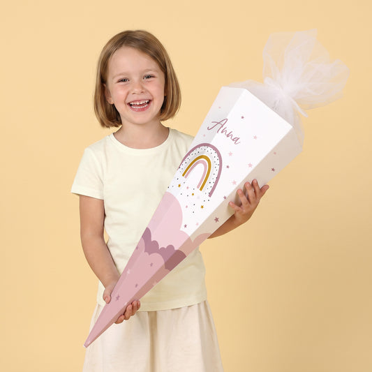 Zuckertüte mit Regenbogenmotiv Rosa und mit Name bedruckt