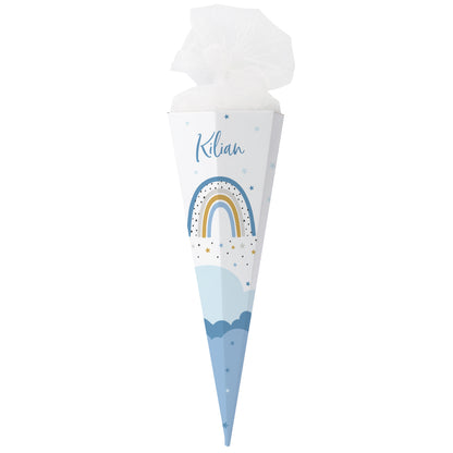 Personalisierte Schultüte mit Name und Regenbogenmotiv in blau