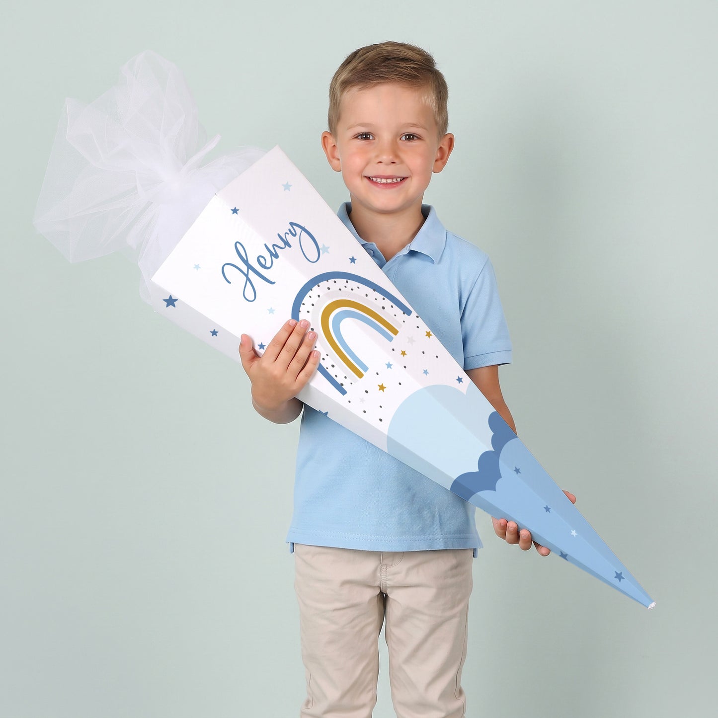 Große Schultüte Regenbogen in blau mit Name zur Einschulung