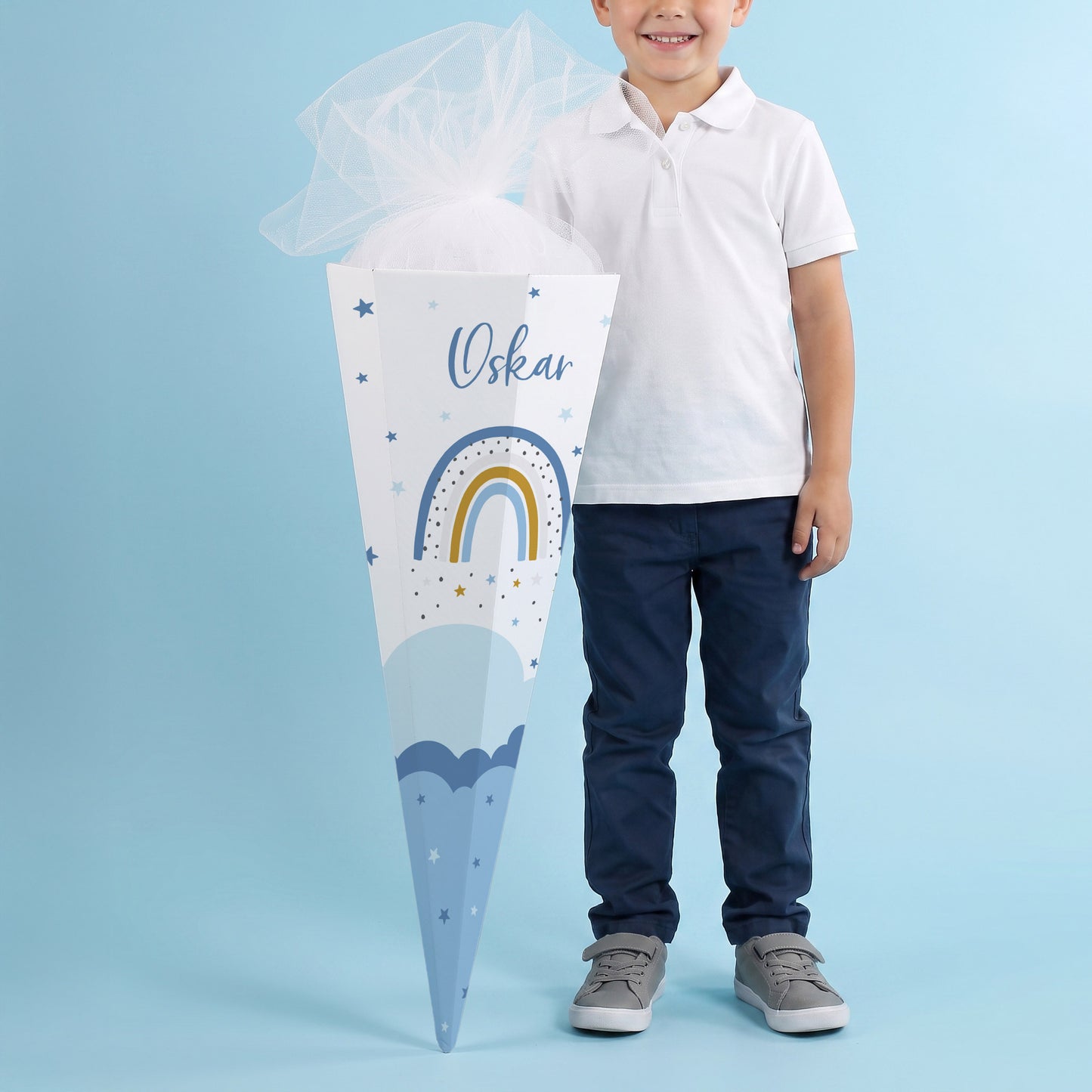 Schultüte mit Regenbogen und Wunschnamen in blau