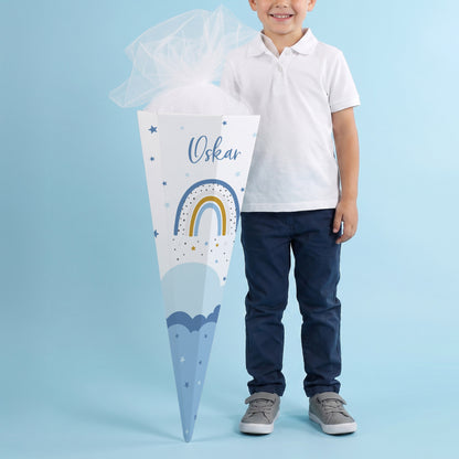Schultüte mit Regenbogen und Wunschnamen in blau
