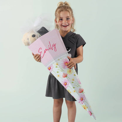 Moderne Schultüte mit Name & rosa Spitzendetail