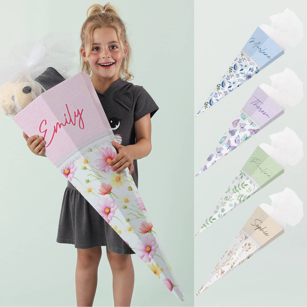 Moderne Schultüte mit gedrucktem Spitzendetail in 5 Varianten