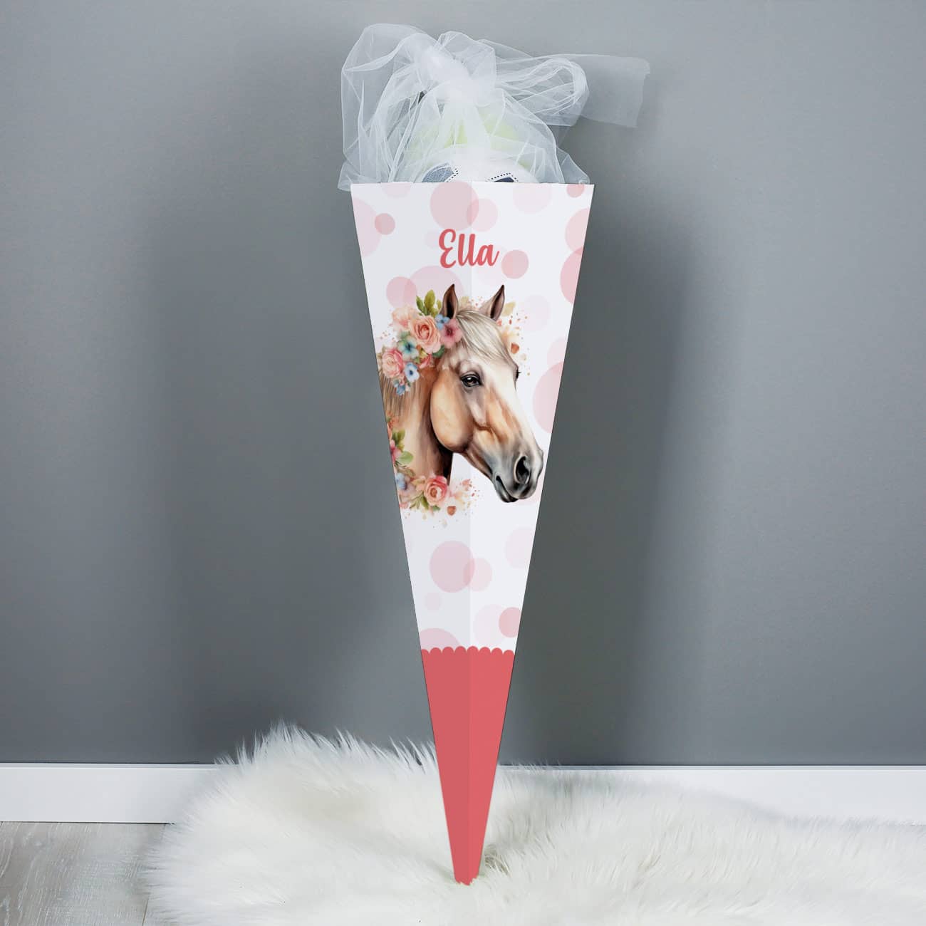 Schultüte mit Pferd, Blumen, Punkten und Name