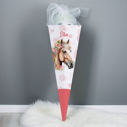 Schultüte mit Pferd, Blumen, Punkten und Name