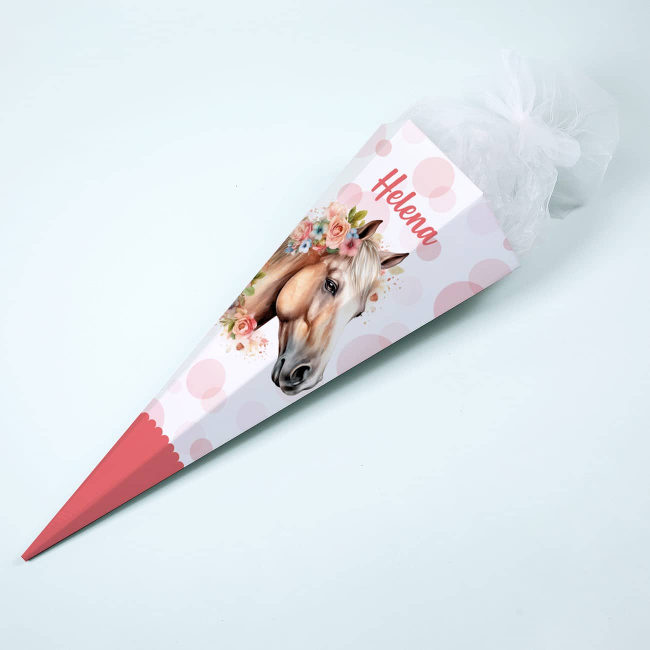 Zuckertüte mit Pferd, Blumen, Punkten und Name