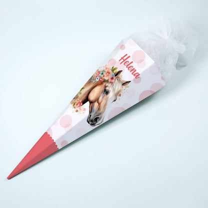 Zuckertüte mit Pferd, Blumen, Punkten und Name