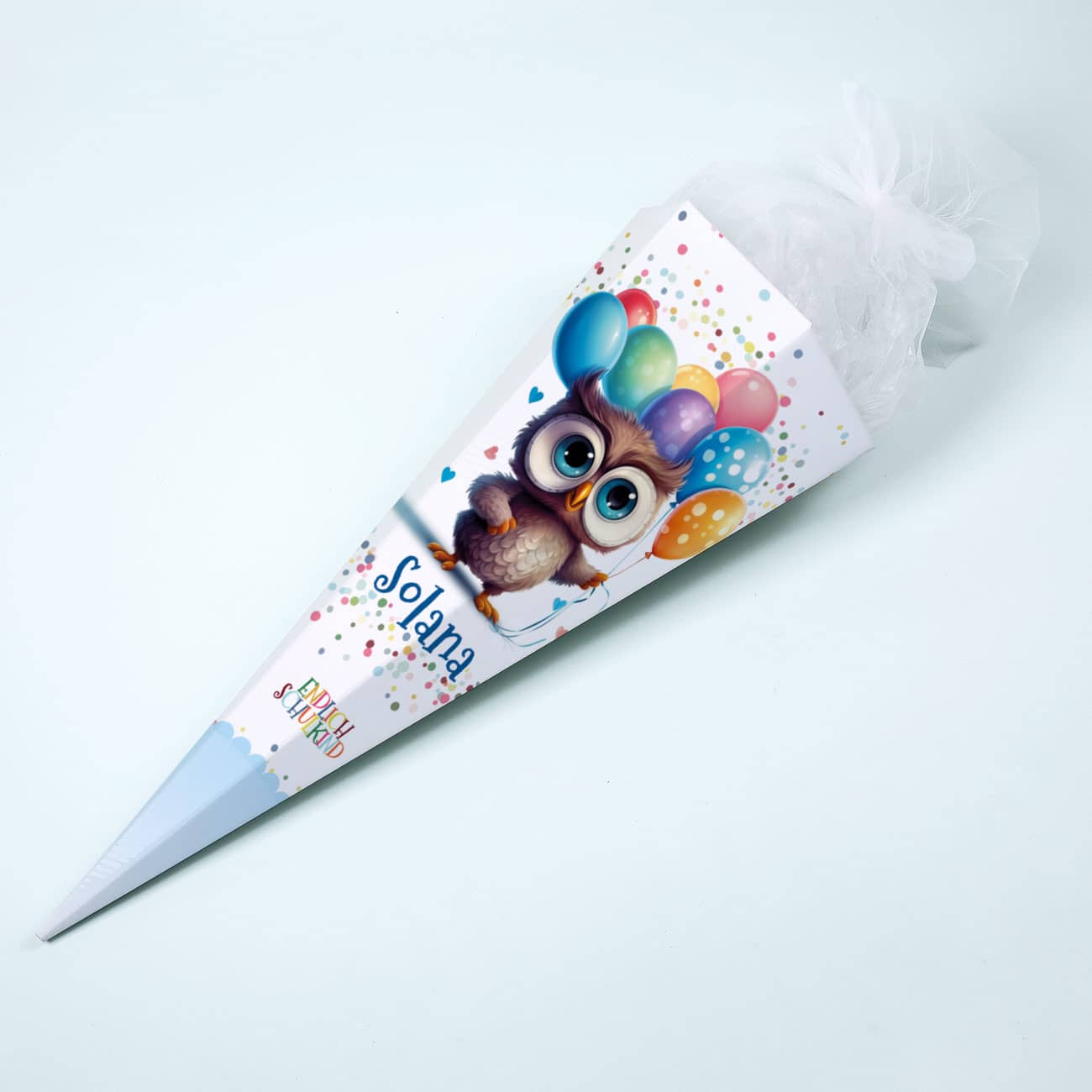 Schultüte mit Eule, Luftballons, Name & Endlich Schulkind Schriftzug