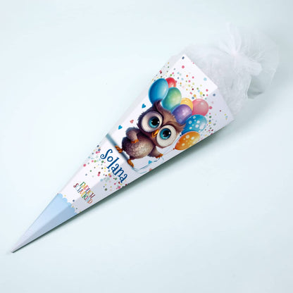 Schultüte mit Eule, Luftballons, Name & Endlich Schulkind Schriftzug