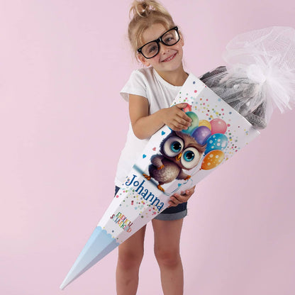 Endlich Schulkind - Zuckertüte mit Eule, Luftballons und Name