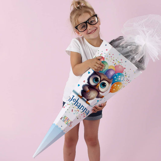 Endlich Schulkind - Zuckertüte mit Eule, Luftballons und Name