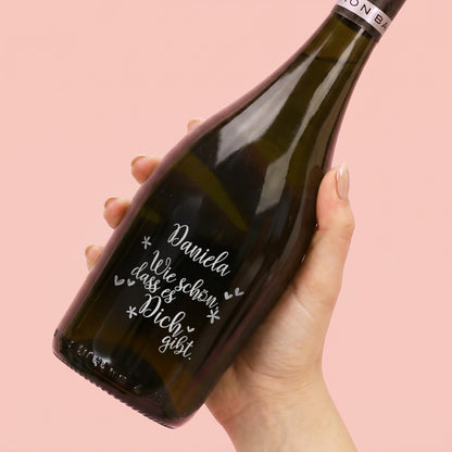 Seccoflasche Scavi & Ray mit Wunschname und  den Spruch "Wie schön, dass es Dich gibt."