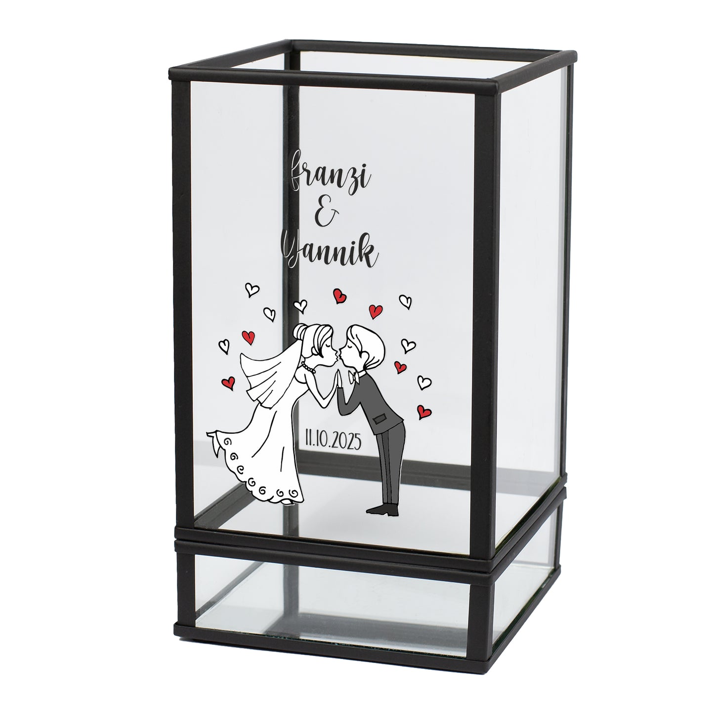 Personalisierte Laterne zur Hochzeit mit Brautpaar-Motiv, Namen und Hochzeitsdatum als Geschenkidee