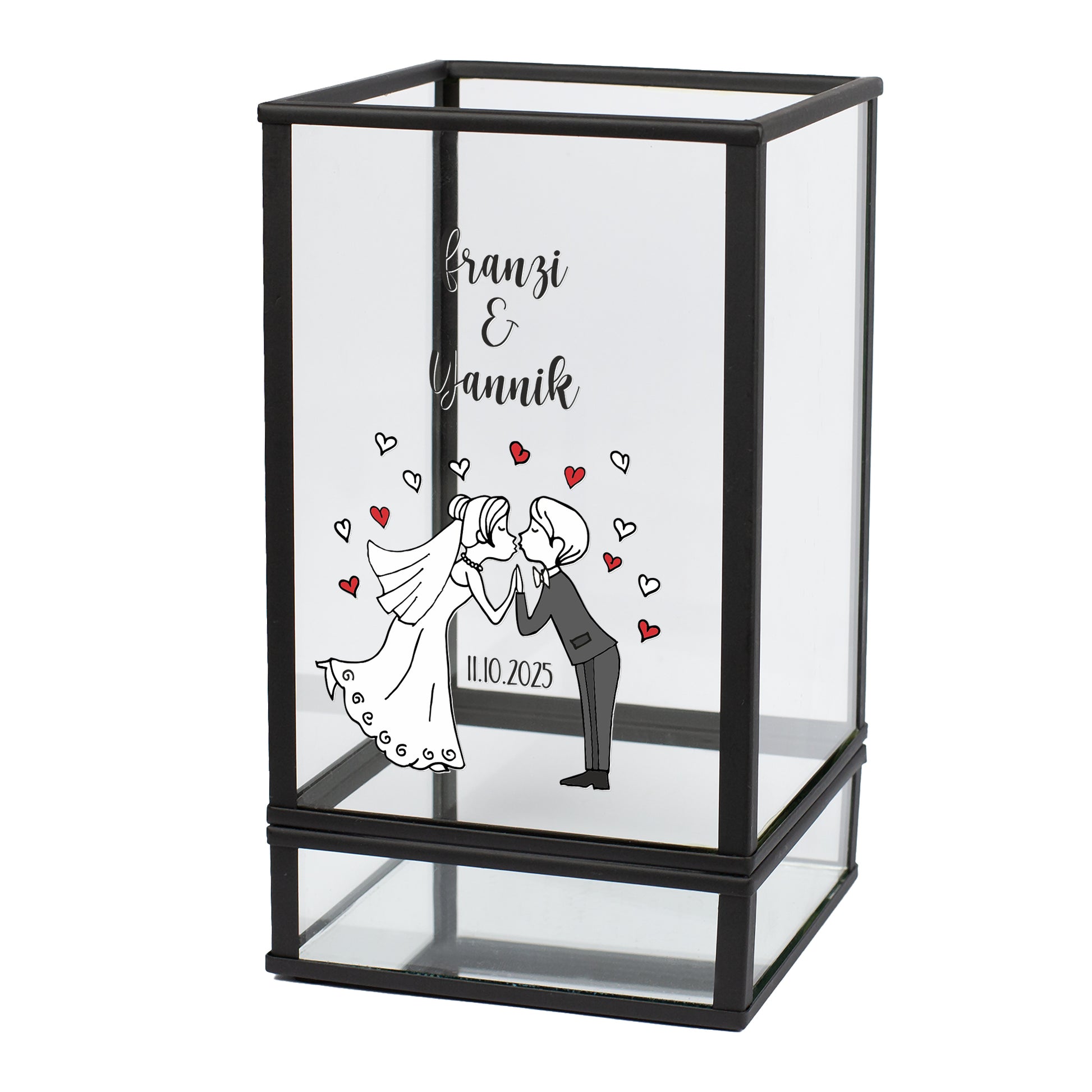 Personalisierte Laterne zur Hochzeit mit Brautpaar-Motiv, Namen und Hochzeitsdatum als Geschenkidee