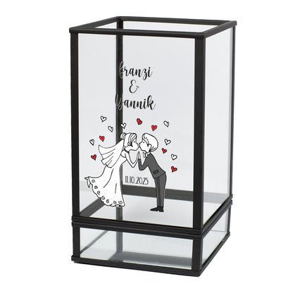 Personalisierte Laterne zur Hochzeit mit Brautpaar-Motiv, Namen und Hochzeitsdatum als Geschenkidee