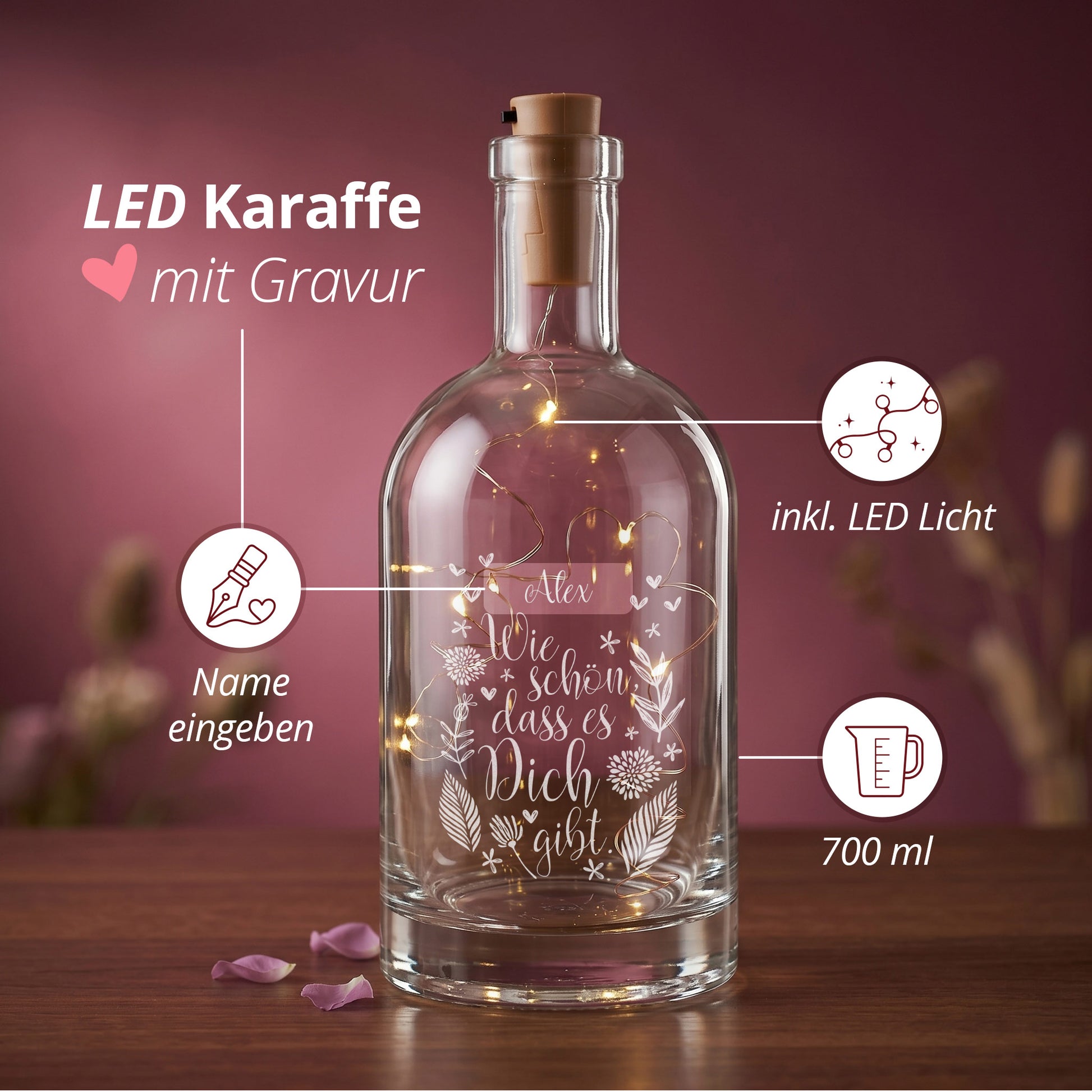 LED Glaskaraffe mit Namensgravur – Wie schön, dass es Dich gibt.