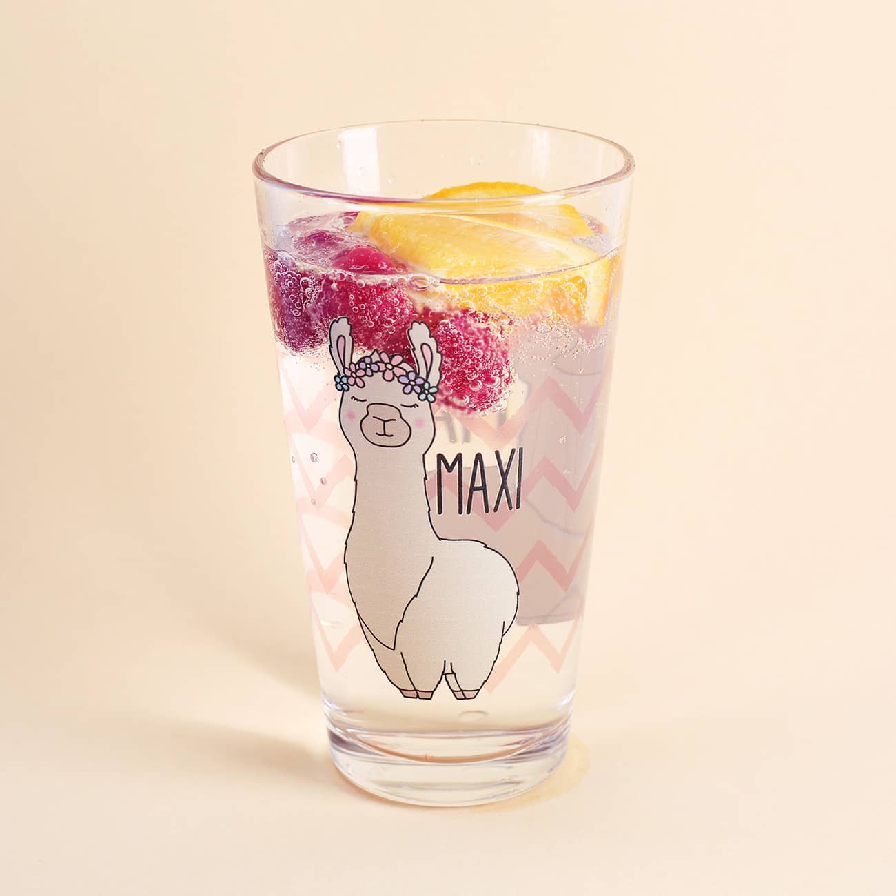Trinkglas mit Lama und Wunschname bedruckt
