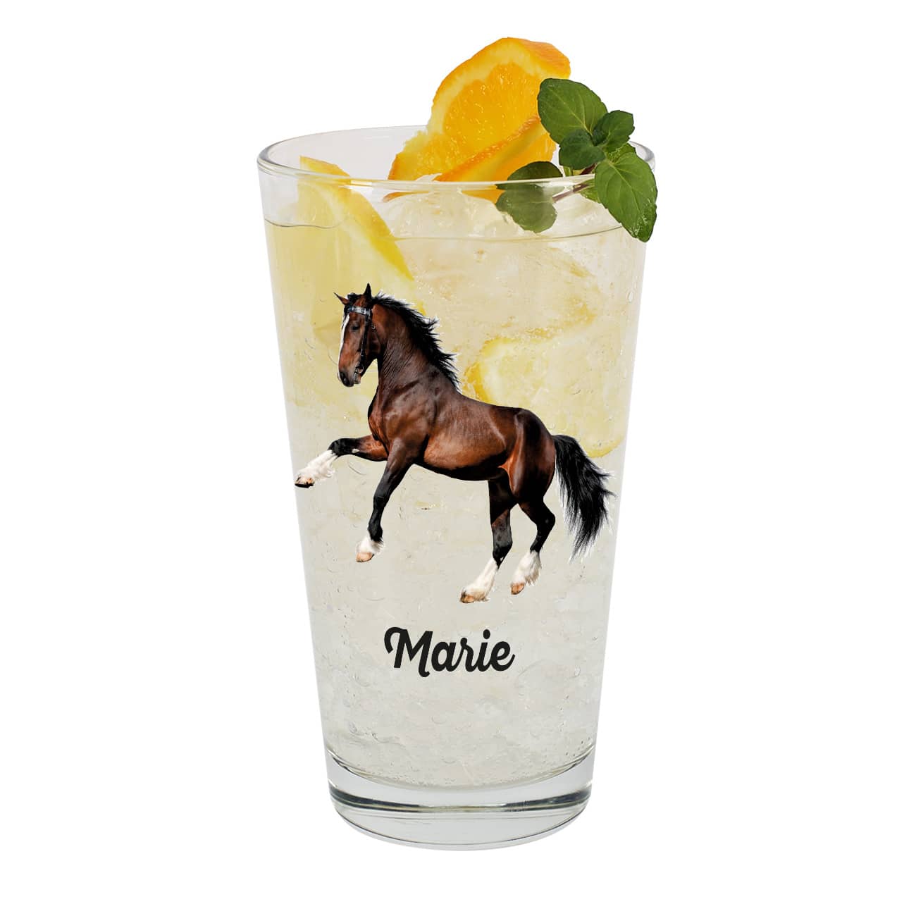 Bedrucktes Trinkglas mit Kaltblüter Pferd und Name