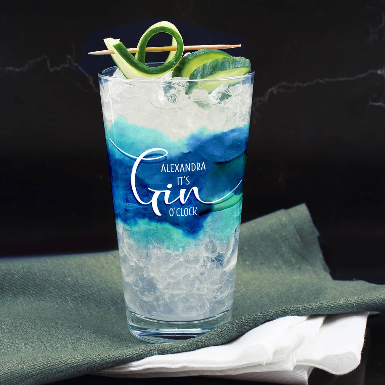 It`s Gin O`Clock Longdrinkglas umlaufend bedruckt mit Watercolour in Blau und Türkis mit Wunschname