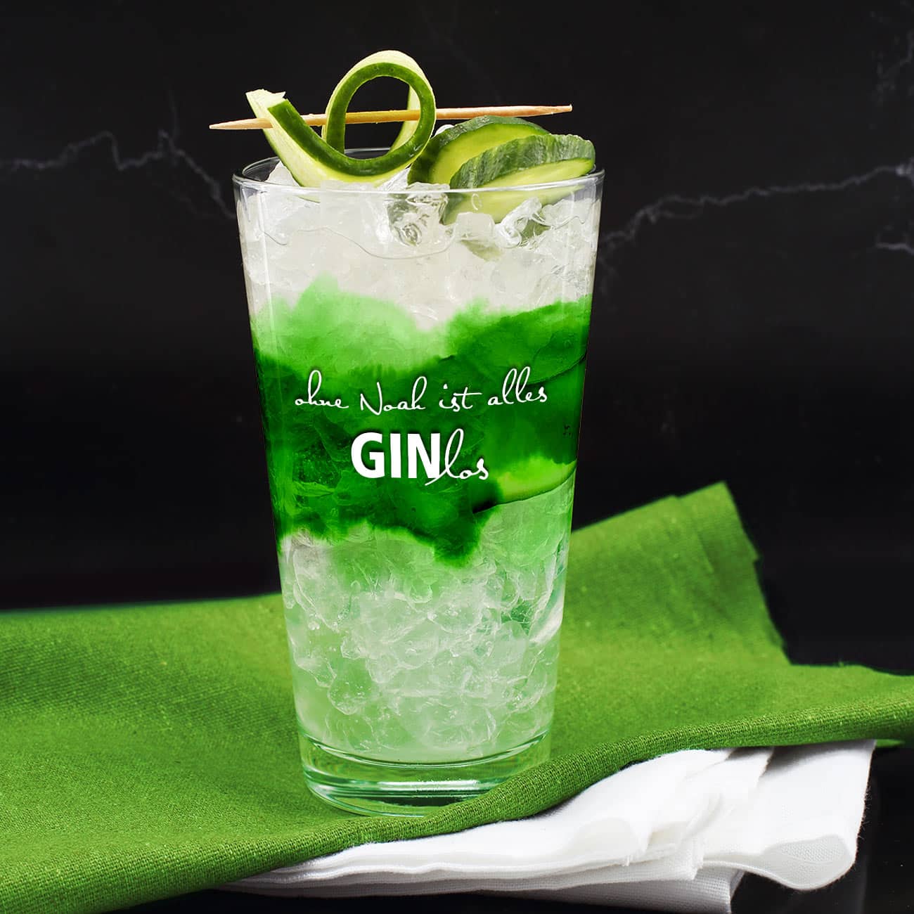 Gin-Glas für Longdrinks mit Watercolour Motiv und GINlos Spruch bedruckt