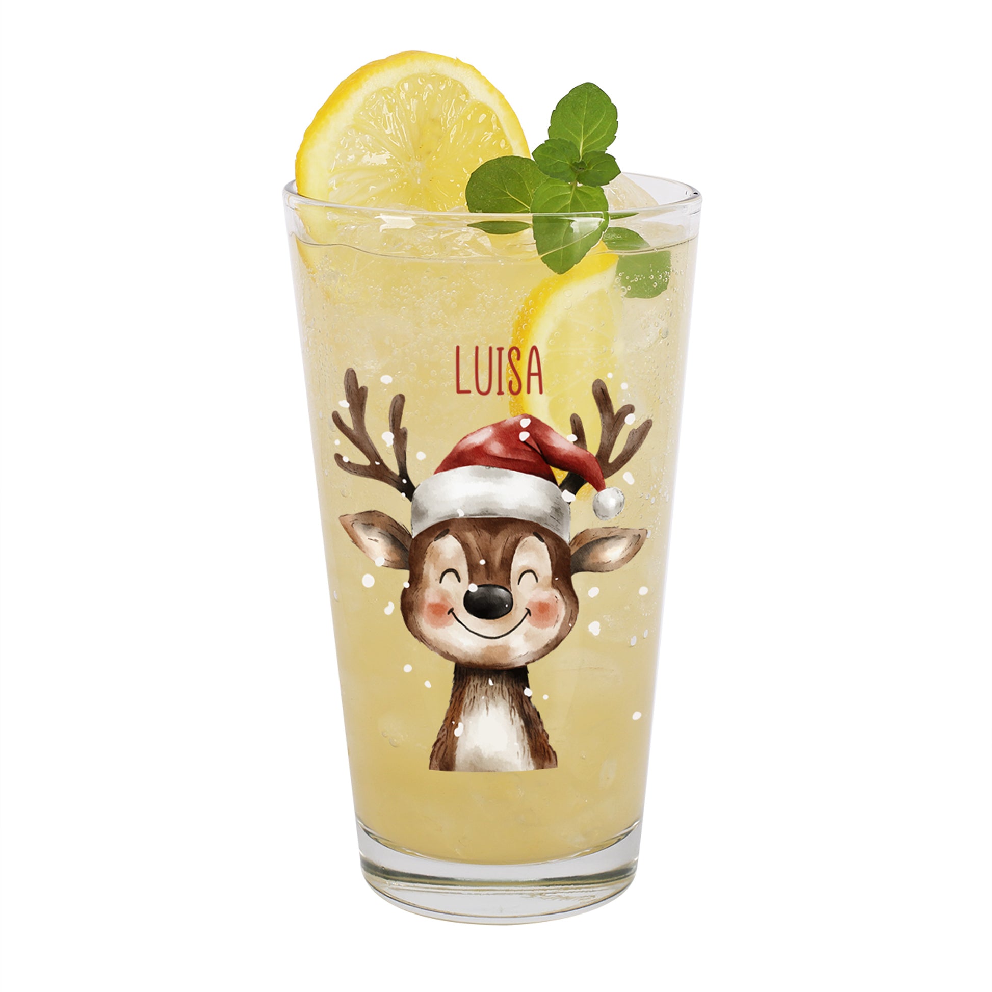 Freigestelltes Leonardo Trinkglas mit Rentiermotiv und Name Luisa, weihnachtlich gestaltet mit Zitronenscheibe und Eis.