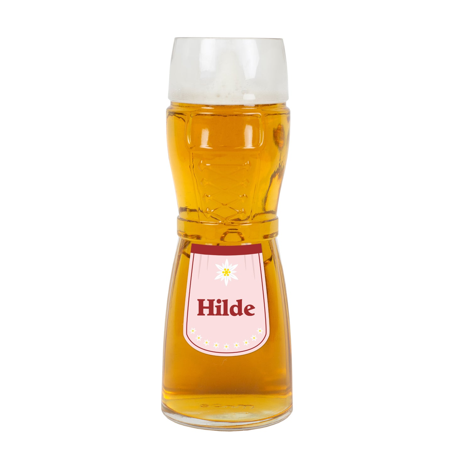 Dirndl-Bierglas mit Schürze, Edelweiß & Name personalisiert in 3 Farben | Geschenk für Frauen
