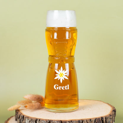 Bierglas Dirndl mit Edelweiß und Name Gretl personalisiert