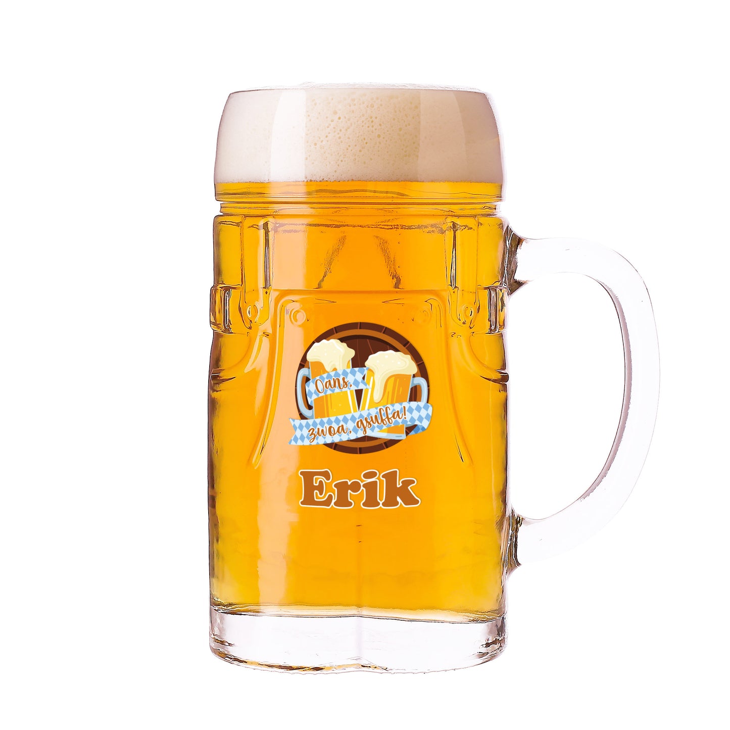 Personalisierter Bierkrug im Lederhosen Design | Oans, zwoa, gsuffa! Bierglas mit Name 0,5l