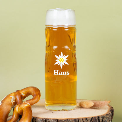 Bierglas Lederhose mit Edelweiß und Name Hans