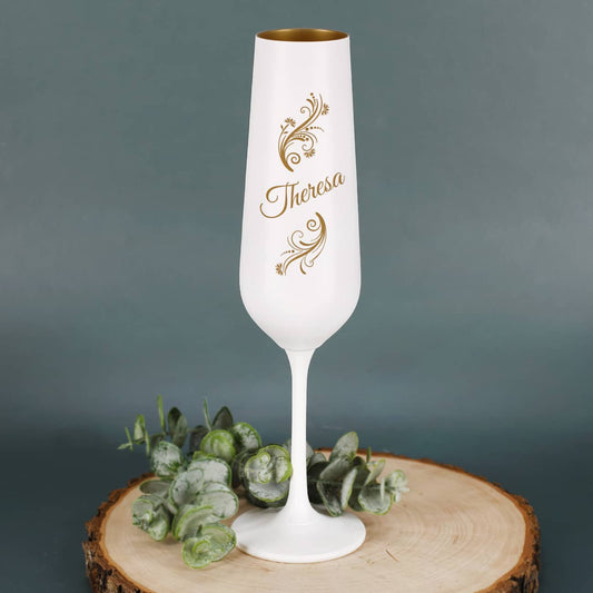 Sektglas in Weiß-Gold mit Name graviert