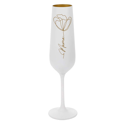 Sektglas in weiß-gold mit Line Art Blume und Namensgravur zum Muttertag oder Geburtstag