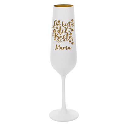 Freigestelltes Sektglas mit Gravur Du bist die Beste, Blumenmotiv und Wunschname – Weiß-Gold-Design