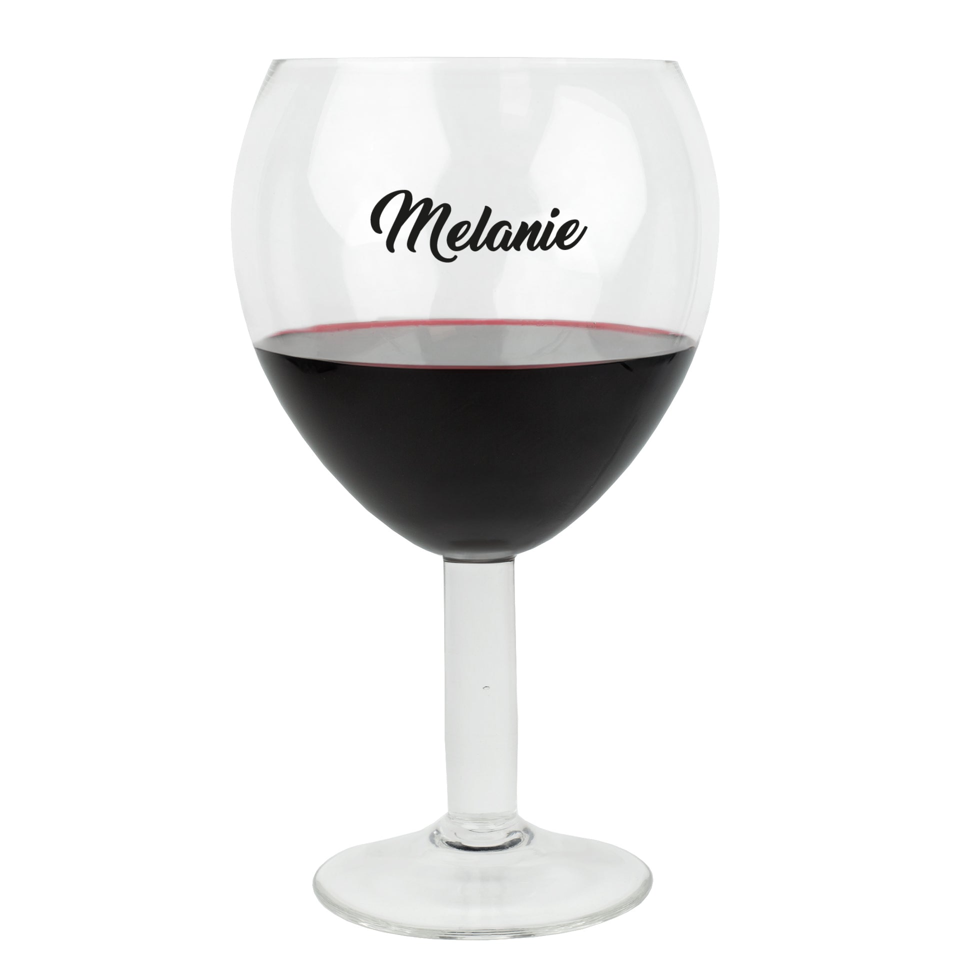 Riesen-Weinglas 3 L mit Name Melanie, gefüllt mit Rotwein, freigestellt