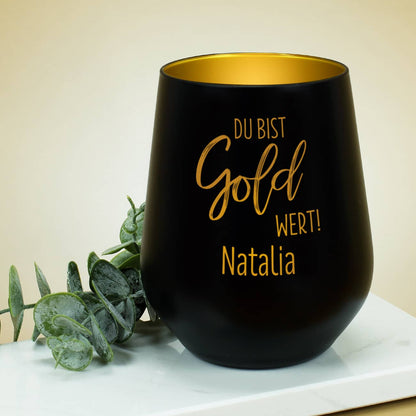Moderner Kerzenbecher in Schwarz-Gold mit Spruch "Du bist Gold wert!" und Name