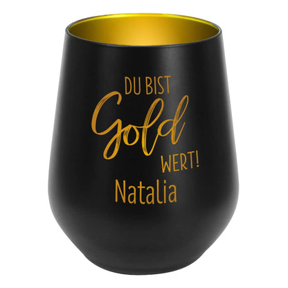 Du bist Gold wert! - Kerzenbecher aus Glas in Schwarz und Gold mit Namensgravur