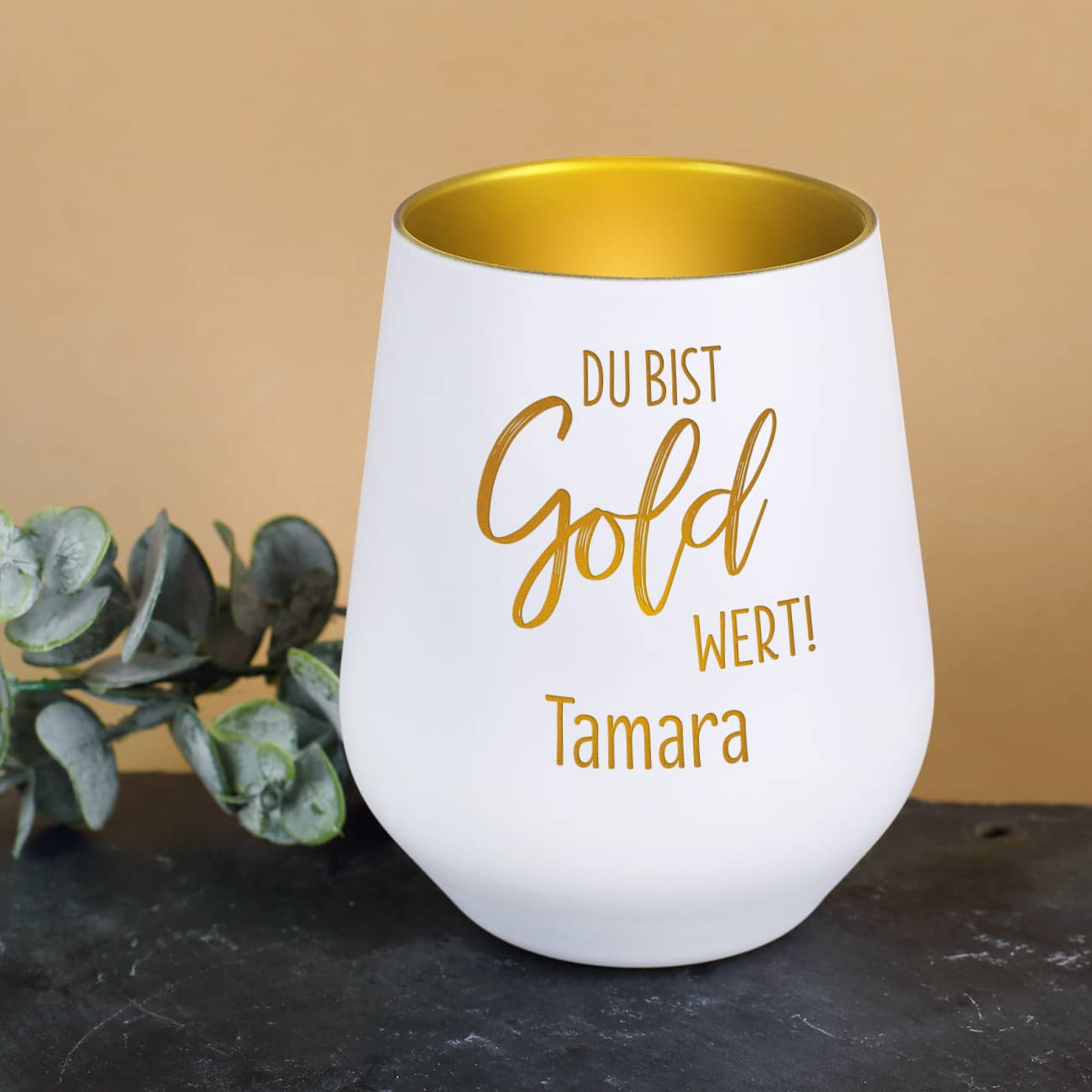 Weißes Windlicht mit goldener Innenseite und Namensgravur